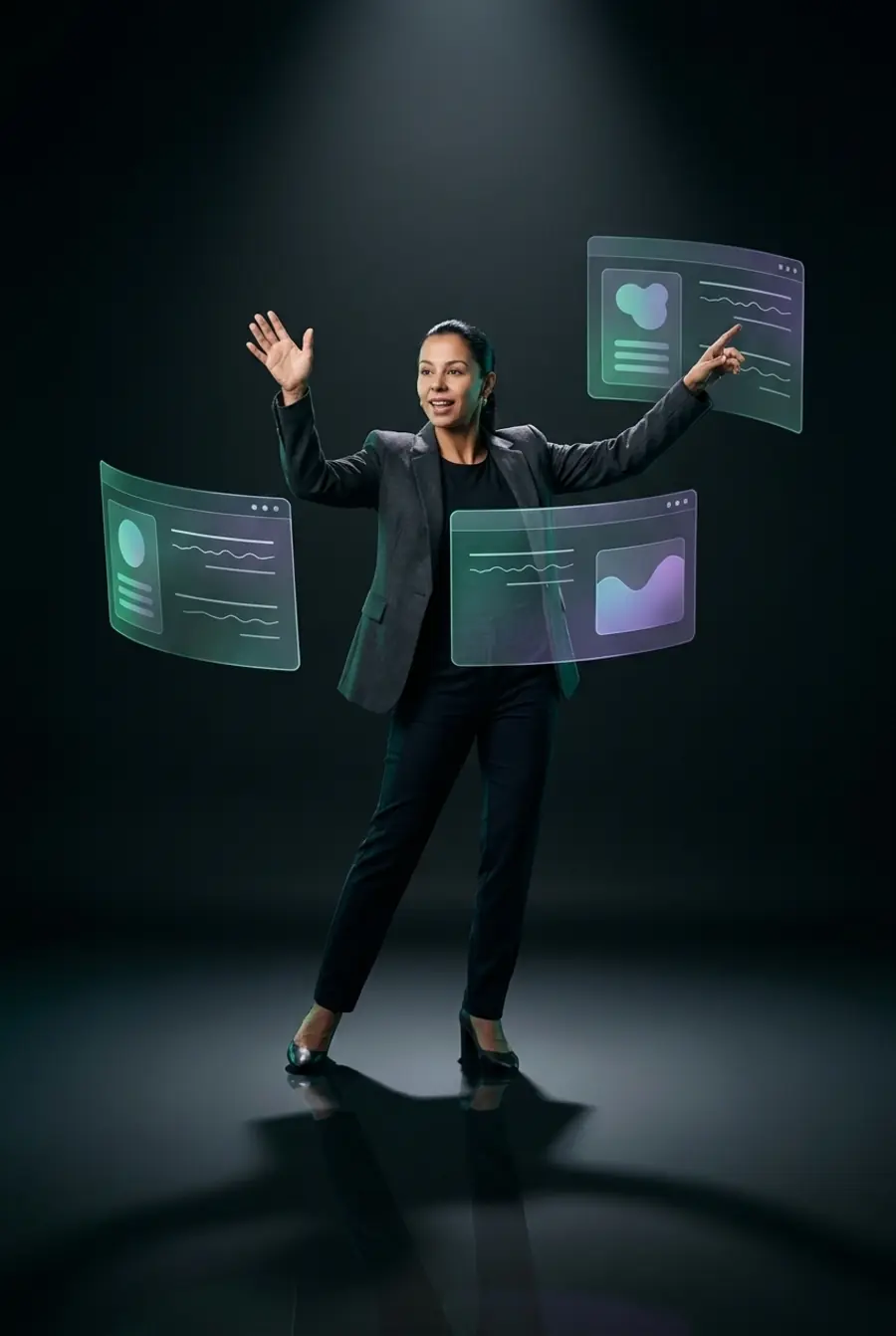Valeria, la voz de ULTRIACOM, con los brazos abiertos presentando tres paneles flotantes: un sitio web, un chat de WhatsApp y una tarjeta de redes sociales.